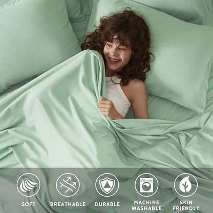 Twin Sheets Set - 4 Piece Soft Microfiber and Wrinkle Free Sheets - Easy Care, Extra Soft, Cooling Sheets - 1 Deep Pocket Fitted Sheet 1 Flat Sheet and 2 Pillowcases (Twin Sage Green)