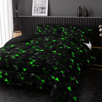 Geometric Green Black Comforter Set,Triangle Honeycomb 3 PCS Bedding Set Queen Size for Teen Adult,Modern Quilt Set Geometry Decor,Microfiber Lightweight 1 Comforter 2 Pillowcases