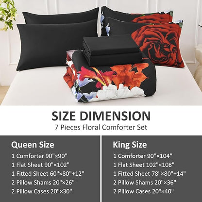 Drucon King Comforter Set - 7 Pieces Floral Black Soft Bedding Sets, King Bed in a Bag with Botanical Red Flowers Comforter, Sheets, Pillowcases & Shams