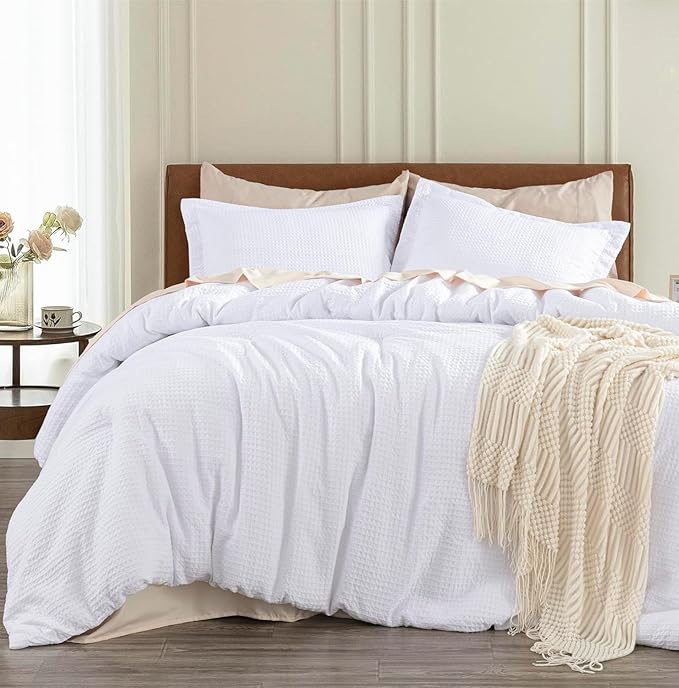 Chezmoi Collection Wilmer 3-Piece Waffle Weave Comforter Set - Soft and Cozy All Season Bedding Set, Queen, White