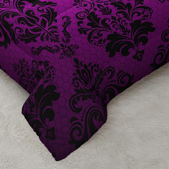 Violet Gothic Floral Print Comforter Set Twin Size,Vintage Damask Floral Bedding Set,Bohemian Exotic Printed Quilted Set for Teens Adult,with 1 Comforter and 2 Pillow Case
