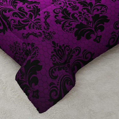 Violet Gothic Floral Print Comforter Set Twin Size,Vintage Damask Floral Bedding Set,Bohemian Exotic Printed Quilted Set for Teens Adult,with 1 Comforter and 2 Pillow Case