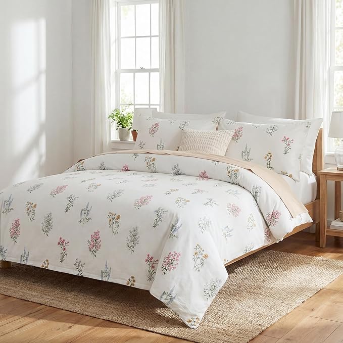 Floral Comforter Set Queen Size 100% Cotton Bedding Sets Garden Flowers Printed Breathable Soft Comforter 3Pcs Reversible Botanical Flowers Comforter(Flower, Queen)