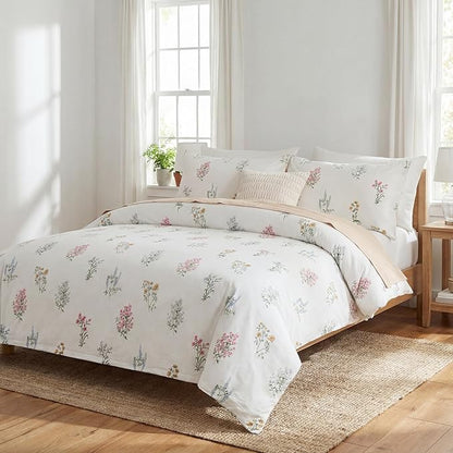 Floral Comforter Set Queen Size 100% Cotton Bedding Sets Garden Flowers Printed Breathable Soft Comforter 3Pcs Reversible Botanical Flowers Comforter(Flower, Queen)