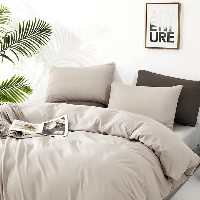 Pureant Beige Khaki Comforter Set Queen Size Light Khaki Bedding Set 3PCS Solid Oatmeal Comforter Modern Soft Women Men Cream Coffee Bedding Light Taupe Queen Size Quilts Cotton Champagne Bedding