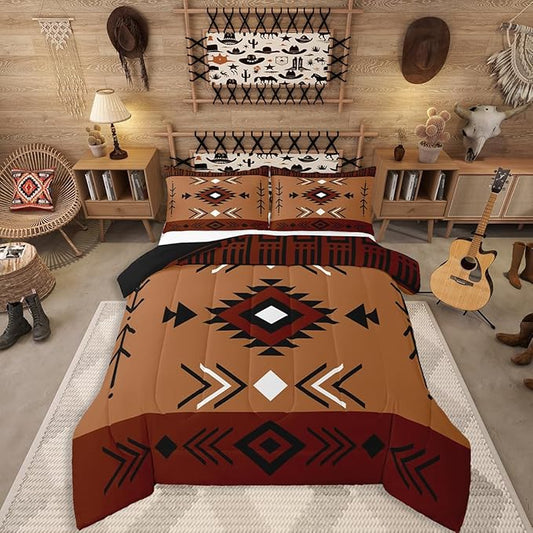 Queen Size Western Aztec Bedding Set, Native American Navajo Comforter Set For Boys Adult Teens Men, Southwestern Geometric Duvet Insert Ethnic American Native Quilt Rustic Farmhouse Decor, Brown