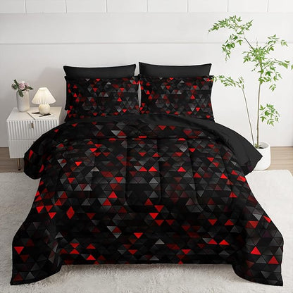 Geometric Red Black Triangle King Size Comforter Set,Light Honeycomb Bedding Set 7 Piece in A Bag,Bed Sheet Set Geometry Decor,Microfiber Lightweight All Season