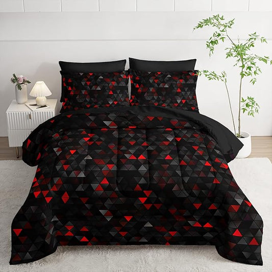 Geometric Red Black Triangle Full Size Comforter Set,Light Honeycomb Bedding Set 7 Piece in A Bag,Bed Sheet Set Geometry Decor,Microfiber Lightweight All Season