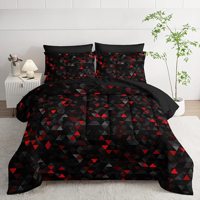 Geometric Red Black Triangle Queen Size Comforter Set,Light Honeycomb Bedding Set 7 Piece in A Bag,Bed Sheet Set Geometry Decor,Microfiber Lightweight All Season