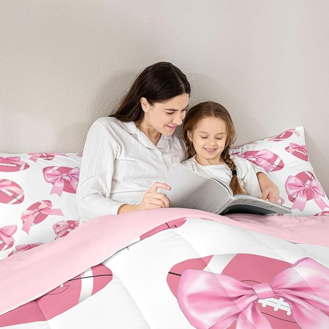 Bowknot Football Comforter Set Twin Size,Pink Bow Knot Print Bedding Sets 2Pcs for Kids Girls Women Room Decor,Ball Sport Games Theme Quilted Duvet Cute Cartoon Girly Down Comforter,1 Pillowcase