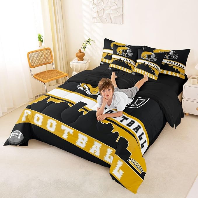 Erosebridal Football City 7 Pcs Comforter Set Full Football Bedding Boys Girls Yellow Black Rugby Game Sheet Set Bed in A Bag Football Fans Room Decor Sports Ball Team Bed Set