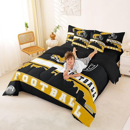 Erosebridal Football City 7 Pcs Comforter Set Full Football Bedding Boys Girls Yellow Black Rugby Game Sheet Set Bed in A Bag Football Fans Room Decor Sports Ball Team Bed Set
