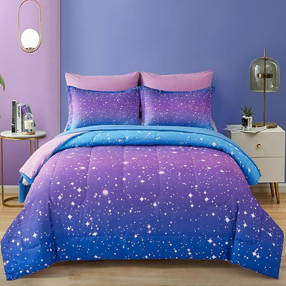 Drucon Girls Comforter Set Queen Size 7 Pieces Bed in A Bag Ombre Blue Purple Rainbow Bedding Set for Kids & Women (1 Comforter, 1 Flat Sheet, 1 Fitted Sheet, 2 Pillow Shams, 2 Pillowcases)