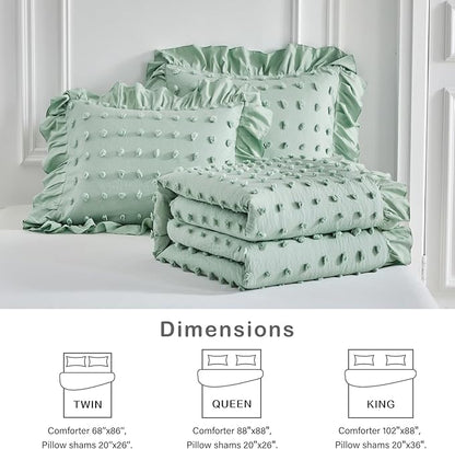 Tufted Dots Ruffle Comforter Set King Size, 3 Pieces Sage Green Vintage Farmhouse Shabby Chic Comforters, Jacquard Boho Bohemian Bedding Set for All Season (1 Ruffled Comforter+ 2 Pillow Shams)