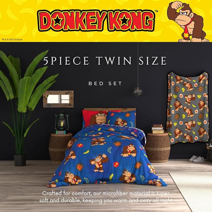 Collectibles Nintendo Donkey Kong Gaming Bedding 5 Piece Super Soft Reversible Comforter and Sheet Set with Sham, Twin, (Officially Licensed Product) by Franco