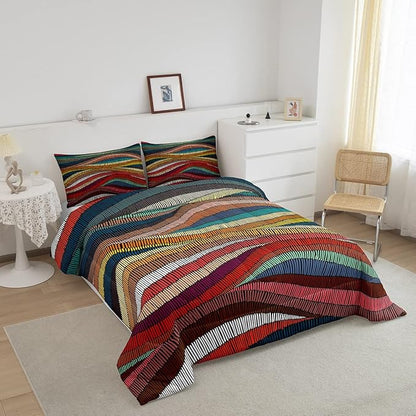 Boho Comforter Set Queen Bohemian Wavy Bedding Rainbow Embroidered Waves Bedding Comforter Sets Geometric Tribal Ethnic Bedroom Decor Colorful Abstract Lightweight Duvet Insert for Adult