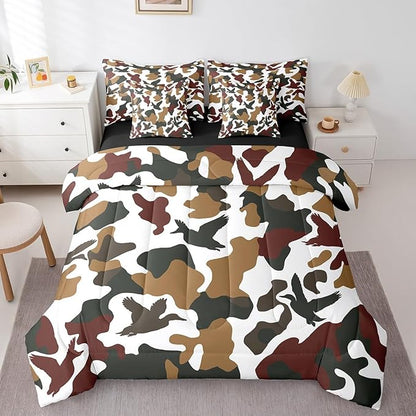 Erosebridal Hunter 7 Pcs Comforter Set Full Size Camo Duck Bedding for Kids Camouflage Farmhouse Camping Sheet Set Bed in A Bag Vintage Army Green Yellow Room Decor Wild Animal Rustic Bed Set