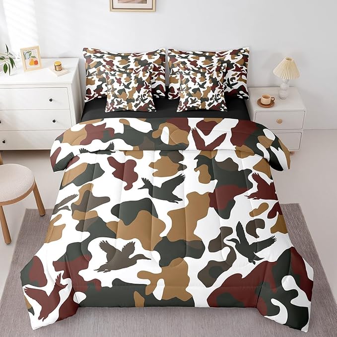 Erosebridal Hunter 7 Pcs Comforter Set King Size Camo Duck Bedding for Kids Camouflage Farmhouse Camping Sheet Set Bed in A Bag Vintage Army Green Yellow Room Decor Wild Animal Rustic Bed Set