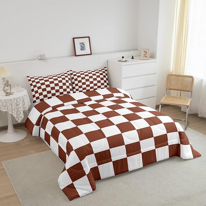 Feelyou Checkered Bedding Set Teen Women Men Coffee Brown White Plaid Comforter Set Queen Size Kids Boys Girls Cute Retro Neutral Checkerboard Geometric Duvet Insert Vintage Aesthetic Room Decor