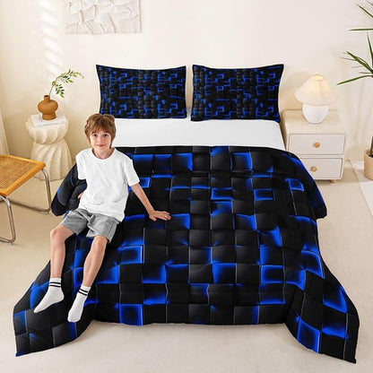 Erosebridal Neon Black Blue Boys Comforter Set Full Size Geometric Checkered Kids Bedding Set Teen Men Gaming Room Decor,Abstract Ombre Plaid Comforter Grids Quilt Duvet