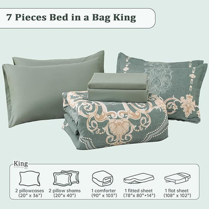 Mybedsoul 7 Pieces Sage Green Comforter Set King Size, Damask Bed in a Bag for King Bed, Lightweight Microfiber Boho Bedding Sets with Comforter, Sheet, Pillowcases & Shams for All Season(90"x104")