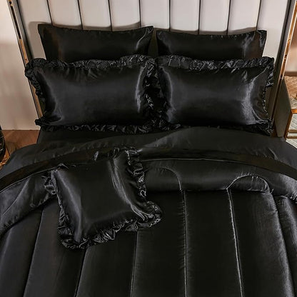 Satin Comforter Set with Sheet Set Queen 8 Pieces Silk Like Black Bedding Silky Ruffle Pattern Luxury Silky Comforter Set with 1 Cushion Cover