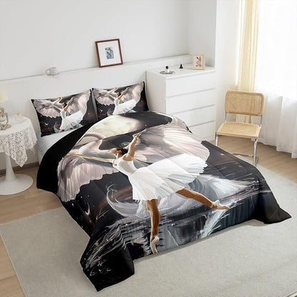 Ballet Girl Dancer King Bedding Set for Adults,Elegant White Swan Dancing Comforter Set Bed Set KidsBedroom Decor,Dreamy Moon Night 3 Pieces Quilt Set,Ballet Lover Duvet Insert,2 Pillow Cases