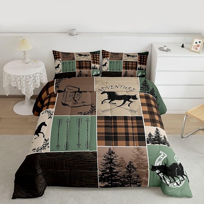 Erosebridal Horse Comforter Set Twin Size, Western Cowboy Cowgirl Bedding Set for Kids Boys Teens Bedroom, Forest Arrow Horseshoe Patchwork Duvet Insert Retro Geometric Plaid Quilt Cabin Lodge Decor
