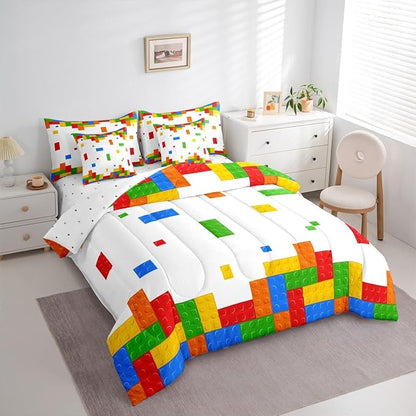 Boys Construction Kids Bedding Sets King Size 7 Pcs,Building Block Gaming Comforter Set for Girls Boys Room Decor,Cartoon Watercolor Brick Fitted Flat Sheet with 2 Throw Pillow Covers 2 Pillowcases
