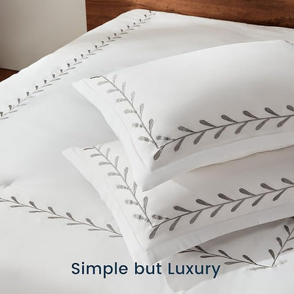 SLEEP ZONE Queen Comforter Set, Luxury Hotel Collection Comforter, 3 Pieces Fluffy Lightweight Down Alternative Duvet Insert with Embroidered Stripes (Olive Leaves, Full/Queen)