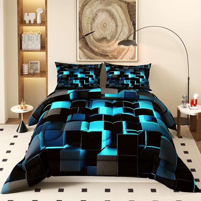 Turquoise Black Comforter Set, Light Honeycomb Theme 3D Pattern for Kids Teens Adults,Decorative Bedding Comforter Sets with 2 Pillow Shams, Full Size