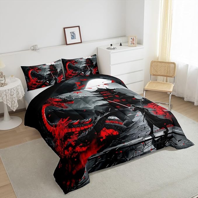 Erosebridal Dragon Bedding Set Queen Size, Japanese Style Comforter Set for Teens Youth Adult Men Room, Ancient Animal Quilt, Retro Wildlife Ukiyo-E Down Comforter, Black Grey Red