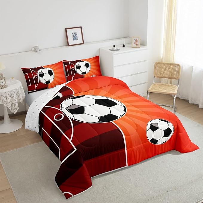 Feelyou Football Comforter Set Toddler Size Sports Themed Comforter Gift for Football Lover Bedding Set Soccer Ball Game Duvet Set Brown Orange Quilt Set