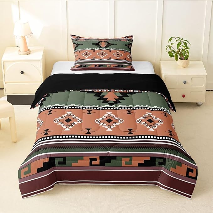 Erosebridal Southwestern Comforter Set Twin Bohemian Geometric Quilt,Ethnic Tribal Arrow Bedding Set Western Duvet Insert,Country Decor Western Room Decor for Bedroom Green Brown