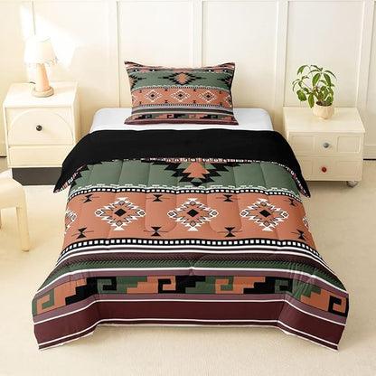 Erosebridal Southwestern Comforter Set Twin Bohemian Geometric Quilt,Ethnic Tribal Arrow Bedding Set Western Duvet Insert,Country Decor Western Room Decor for Bedroom Green Brown