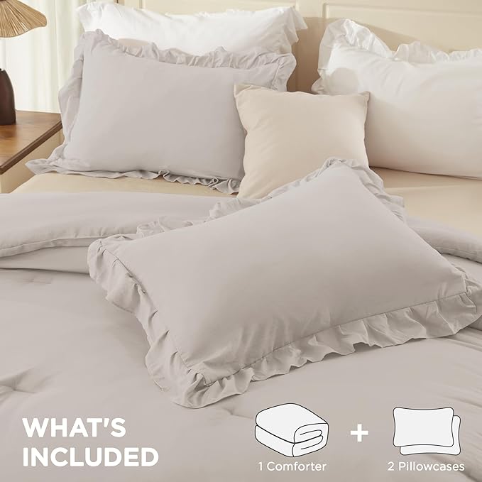 Andency Linen Queen Comforter Set (90x90Inch), 3 Pieces Lightweight Fluffy Ruffle Bedding Sets for Queen Bed, Farmhouse Shabby Chic Soft All Season Bed Set