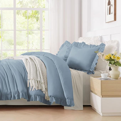 Andency Grayish Blue Twin Size Comforter Set(66x90Inch), 2 Pieces(1 Ruffle Comforter and 1 Pillowcase) Solid Farmhouse Shabby Chic Comforter, Lightweight and Soft Microfiber Bedding Set for All Season