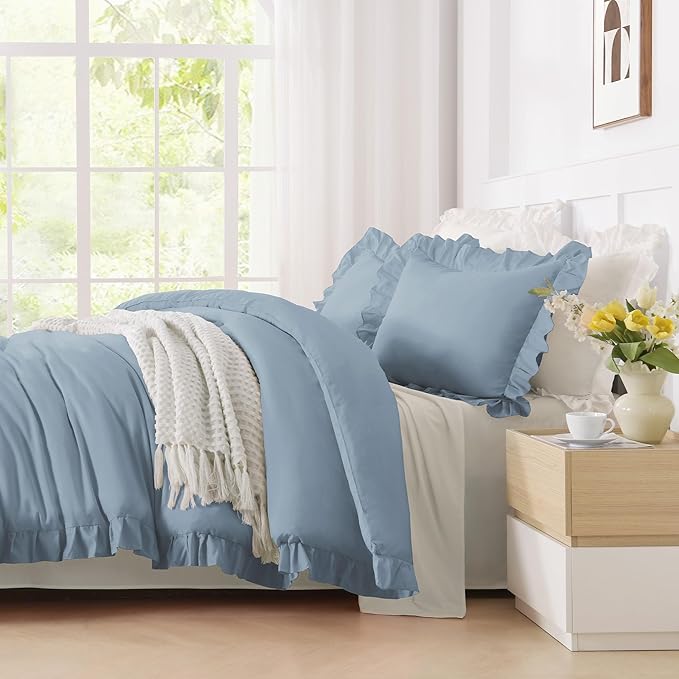 Andency Grayish Blue Queen Comforter Set(90x90Inch), 3 Pcs(1 Ruffle Comforter and 2 Pillowcases) Solid Bedding Comforter Sets for Queen Bed, Lightweight and Fluffy Soft Microfiber Bedding Set