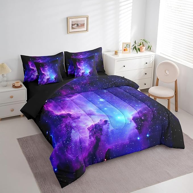 Feelyou Galaxy Comforter Set Full Size 7 Pcs Girls Universe Outer Space Comforter Bed in a Bag Kids Purple Blue Starry Sky Bedding Set for Boys Bed Set with Sheets, Pillowcases, Pillow Covers