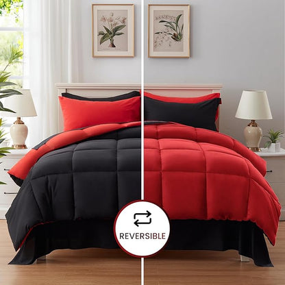 Anluoer California King Size Comforter Set 7 Pieces,Black Cal King Bed in a Bag with Comforter and Sheets,All Season Bedding Sets with Comforter,Pillow Shams,Pillowcases,Flat Sheet,Fitted Sheet