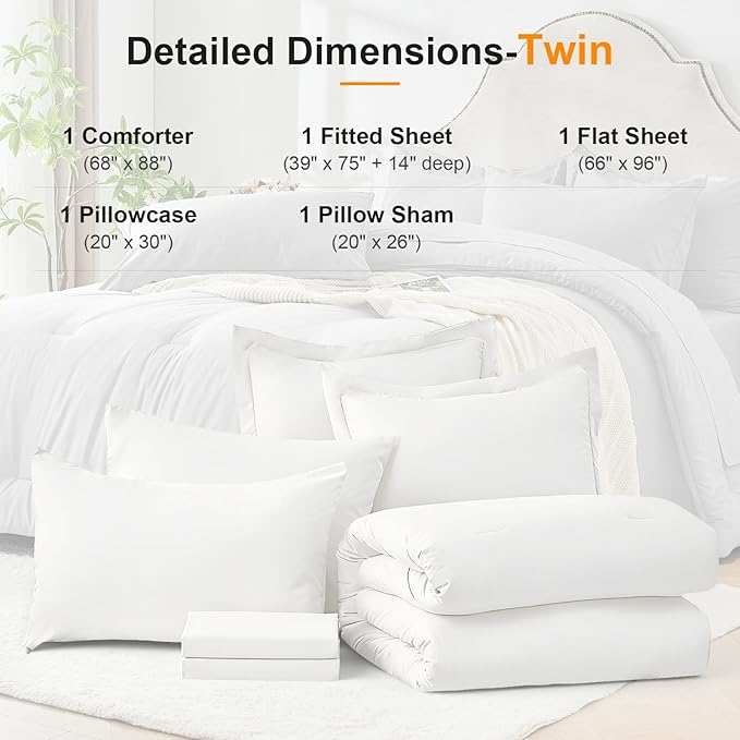 Twin Comforter Set 5 Pieces - Ultra-Soft Bed in a Bag Twin Size, Cozy Luxury All Season Bedding Sets with Comforter, Flat Sheet, Fitted Sheet, 1 Pillow Shams & 1 Pillowcases, White