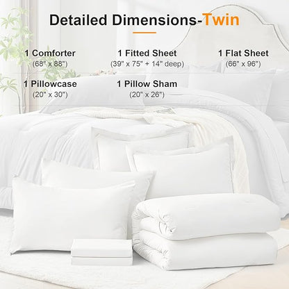 Twin Comforter Set 5 Pieces - Ultra-Soft Bed in a Bag Twin Size, Cozy Luxury All Season Bedding Sets with Comforter, Flat Sheet, Fitted Sheet, 1 Pillow Shams & 1 Pillowcases, White