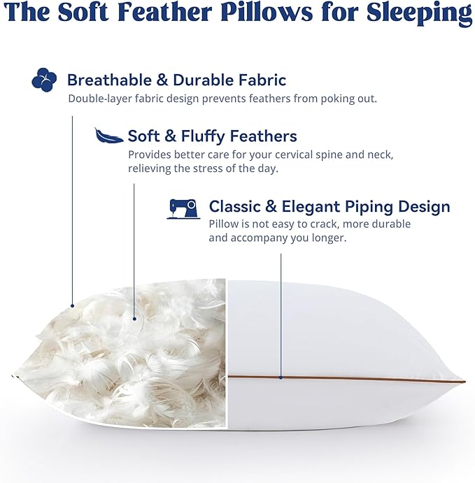 puredown® Goose Feather Down Pillows Queen Size Set of 2, Soft Fluffy Bed Pillow for Sleeping with 100% Cotton Cover, Medium Firm Luxury Hotel Collection Pillow for Back, Stomach or Side Sleeper