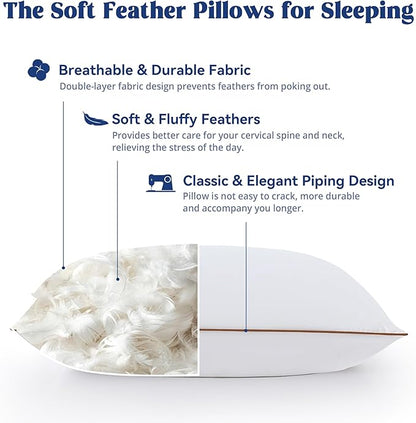 puredown® Goose Feather Down Pillows Queen Size Set of 2, Soft Fluffy Bed Pillow for Sleeping with 100% Cotton Cover, Medium Firm Luxury Hotel Collection Pillow for Back, Stomach or Side Sleeper