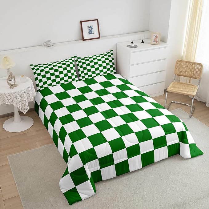 Feelyou Checkered Retro Bedding Set Teen Women Men Green White Plaid Comforter Set Full Size Kids Boys Girls Geometric Vintage Duvet Insert Modern Simple Groovy Aesthetic Room Decor