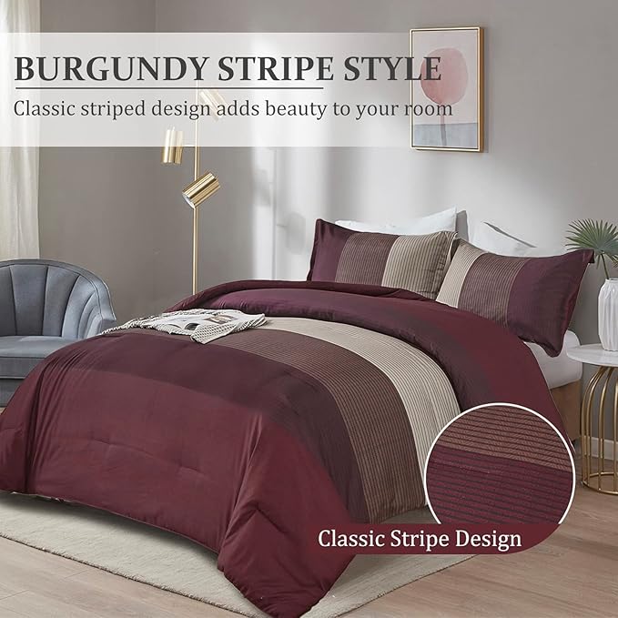 WONGS BEDDING Burgundy Comforter Set Queen, Reversible Burgundy Stripe Down Alternative Comforter for All Season,3 Pieces(1 Comforter+2 Pillowcases), Soft Microfiber Bedding Duvet Set 90”×90”