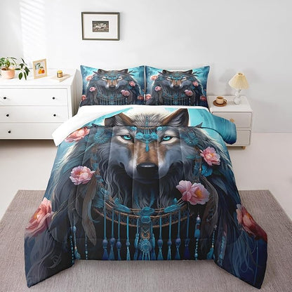 Erosebridal Indian Wolf Queen Comforter Set,Hunting Wolf Bedding Set for Women Men Room Decor,Boho Floral Exotic Ethnic Bed Set Wildlife Safari Bedding Comforter Sets,2 Pillowcases