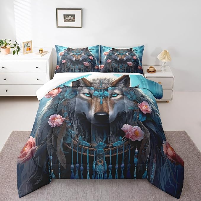 Erosebridal Indian Wolf Twin Comforter Set,Hunting Wolf Bedding Set for Kids Boys Girls Room Decor,Boho Floral Exotic Ethnic Bed Set Wildlife Safari Bedding Comforter Sets,1 Pillowcase