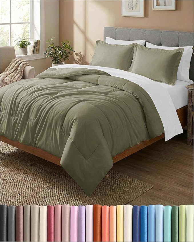 King Comforter Set - 3 Piece Bed Set for All Seasons - 1 Soft Quilted Comforter with Corner Tabs & 2 Pillow Shams - Comfy & Breathable - Premium Down Duvet Insert - Oeko-TEX - King Size, Sage Green