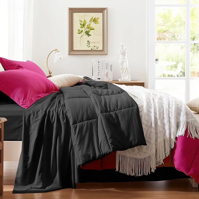 Anluoer Full Comforter Set,Hot Pink&Black Bed in a Bag 7 Piece,Lightweight Bedding Set with Soft Down Alternative Fill,Bed Set Includes Comforter, Fitted Sheet, Flat Sheet,Pillowcases and Shams